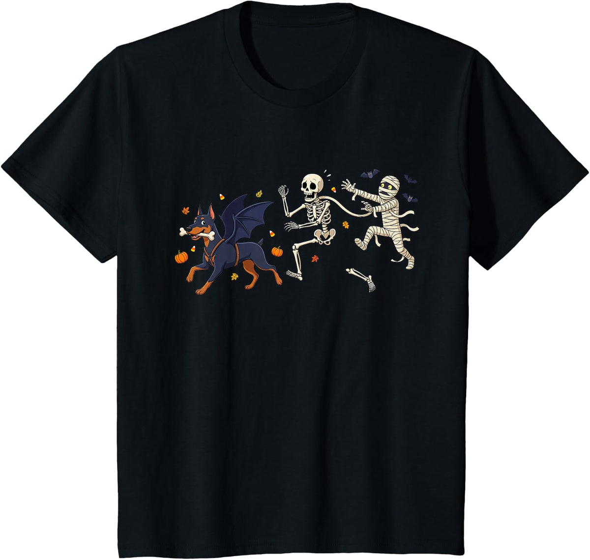 Doberman Pinscher Skeleton Mummy Halloween Kids Mens Womens T-Shirt - Black