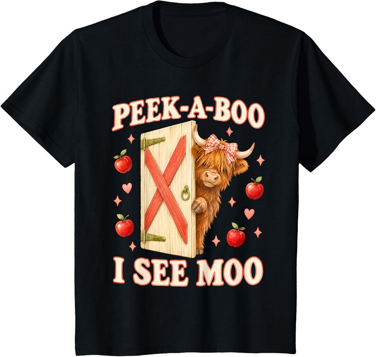 Peek A Boo I See Moo Highland Cow Barn Cow Pun T-Shirt - Black