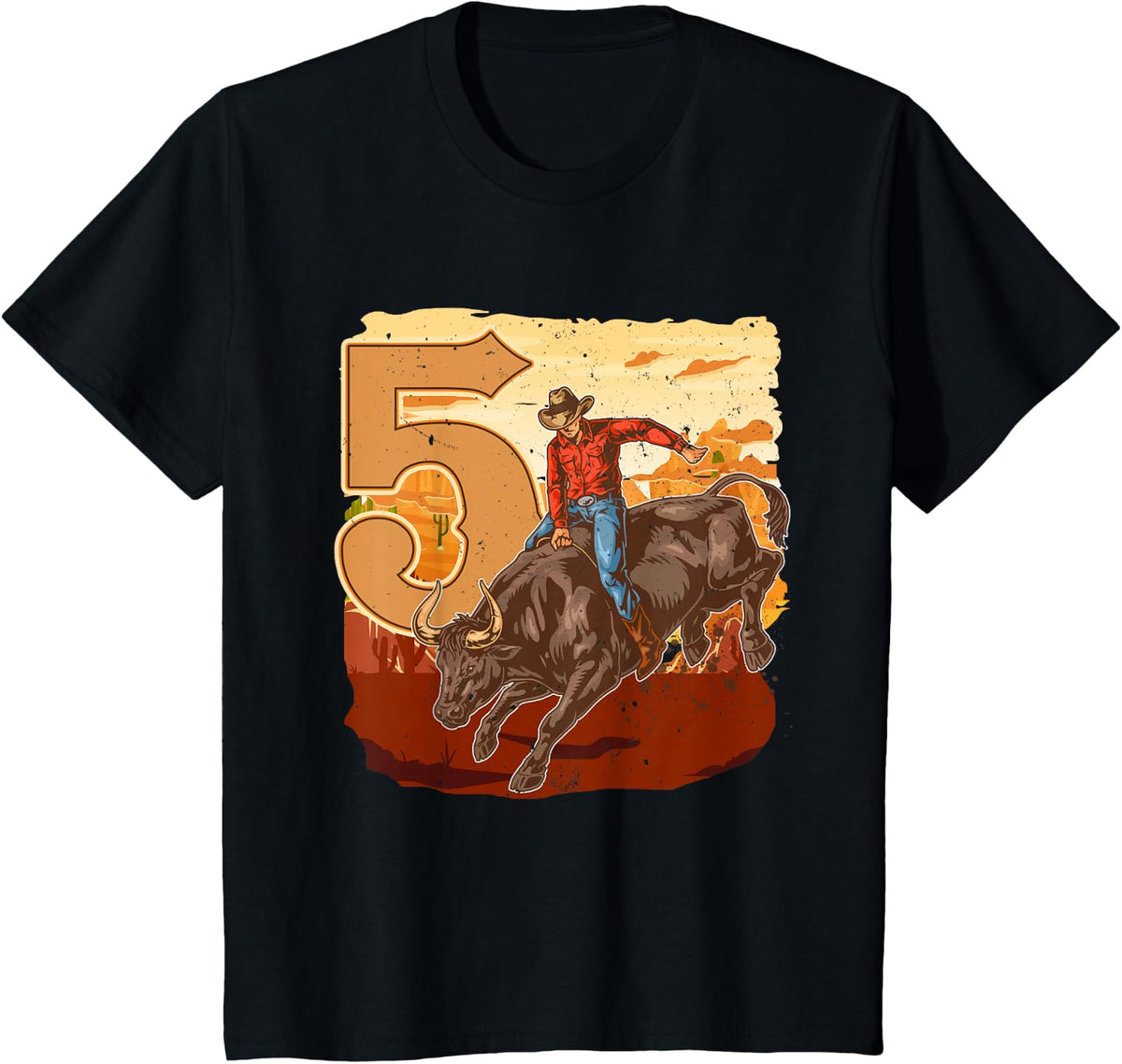 Bull Riding 5th Birthday Rodeo Cowboy Theme T-Shirt Tee 5 Years Old Boy - Black