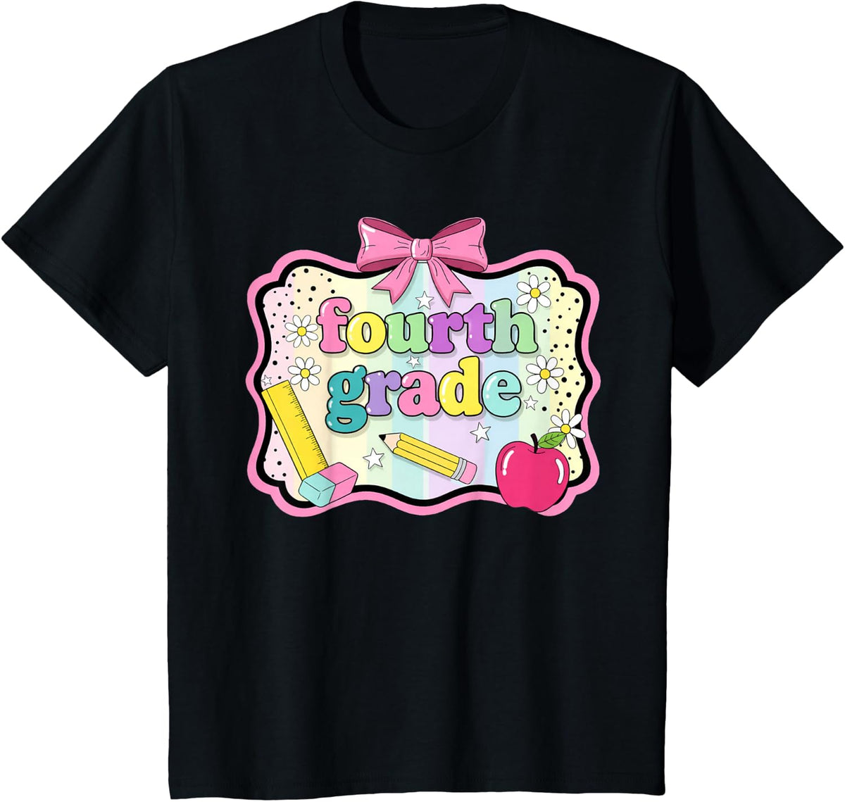 4th Fourth Grade Bow Rainbow Back to School First Day Girls T-Shirt - Black