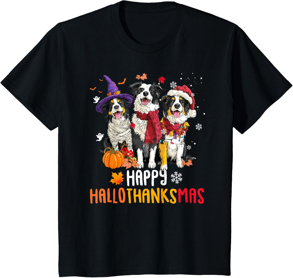 Border Collie Dog Christmas Happy Hallothankmas Thanksgiving T-Shirt - Black