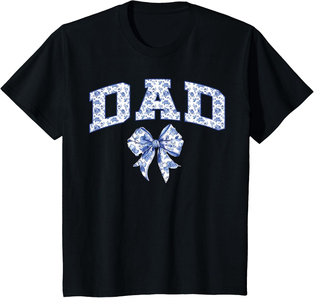 Dad Coquette Toile Blue Bow Floral Family Matching T-Shirt - Black