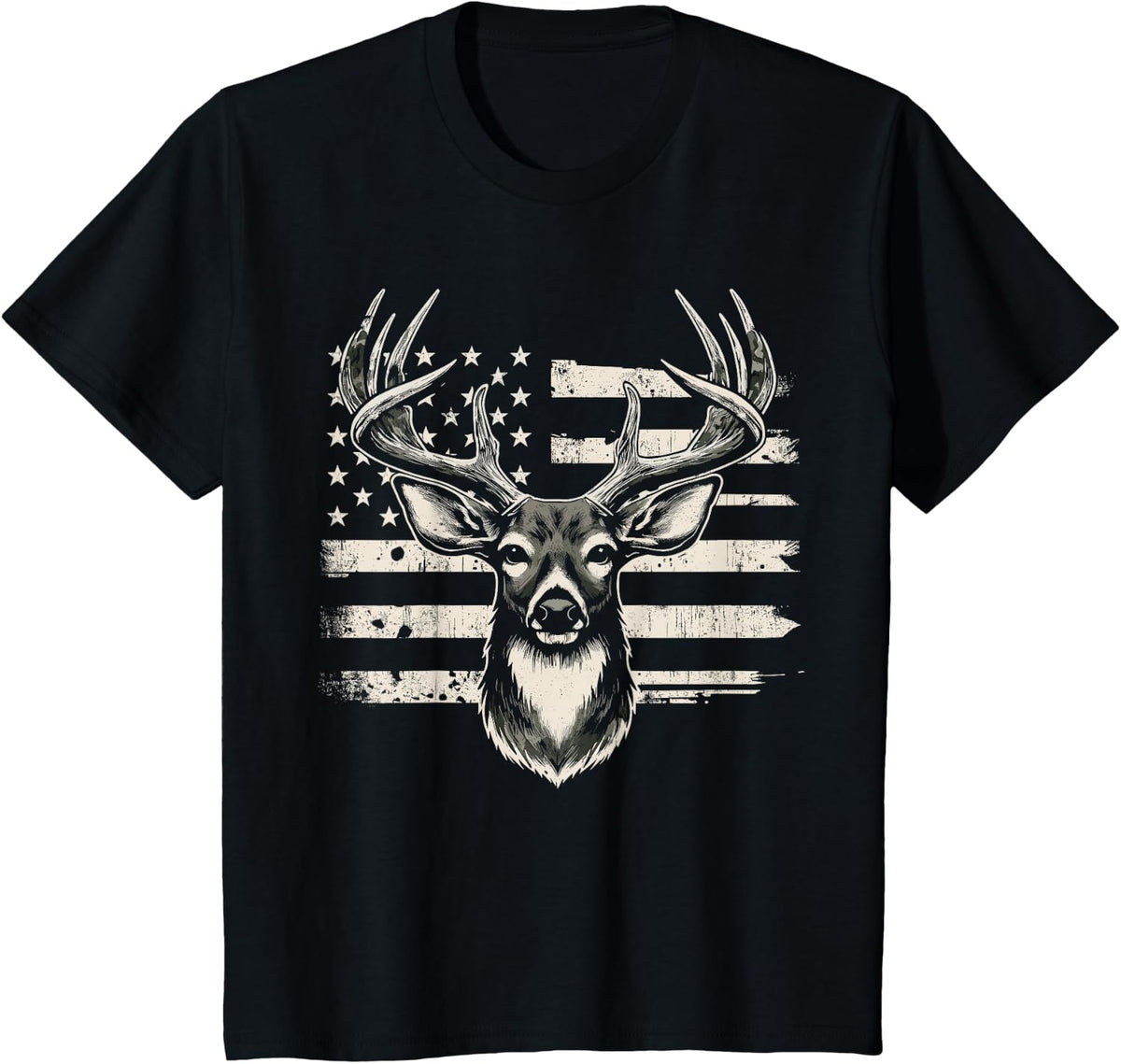 Deer Hunting USA Flag American T-Shirt - Black