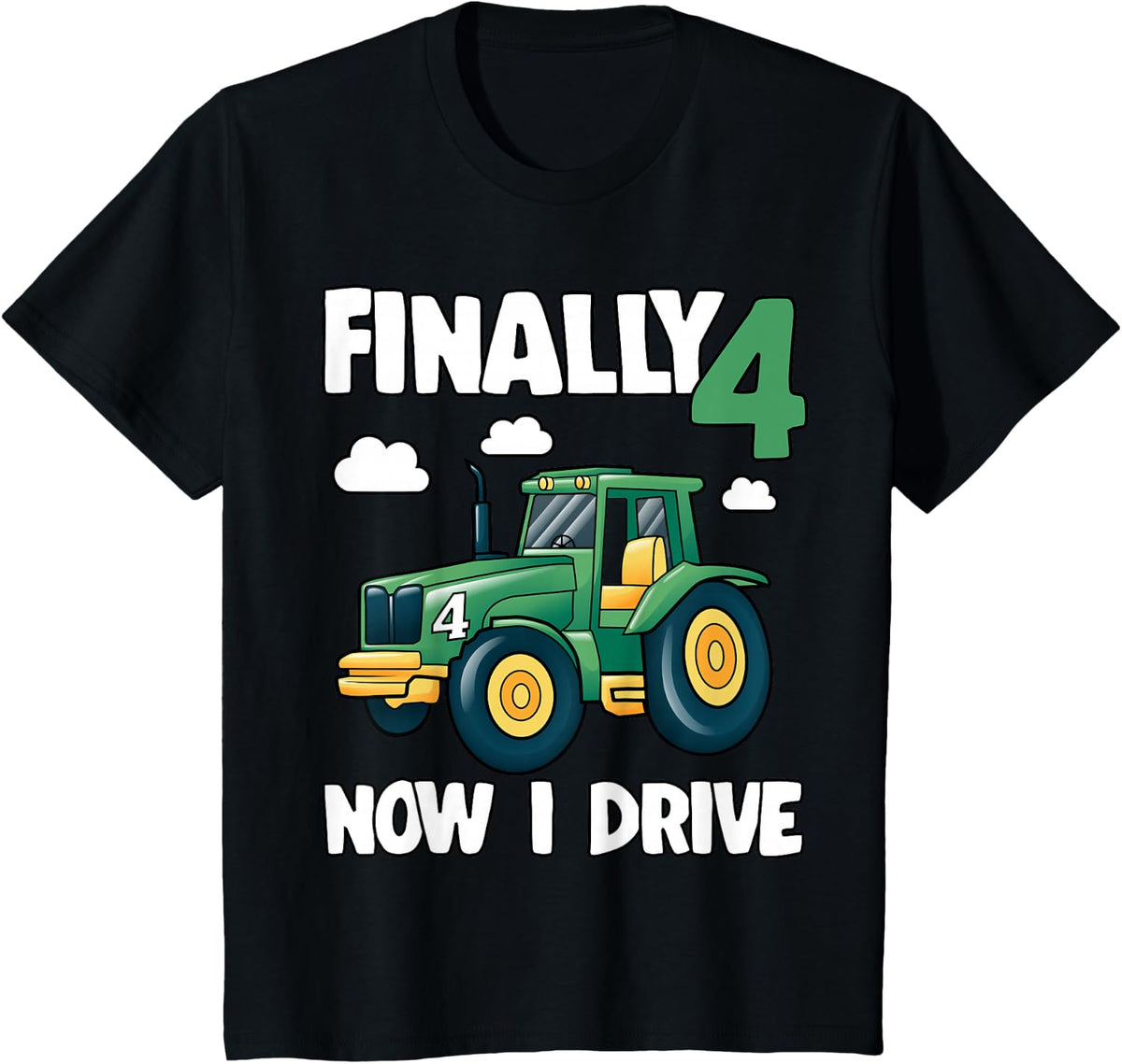 Kids Finally 4 Now I Drive 4th Birthday Party Boy Tractor Kids T-Shirt - Black