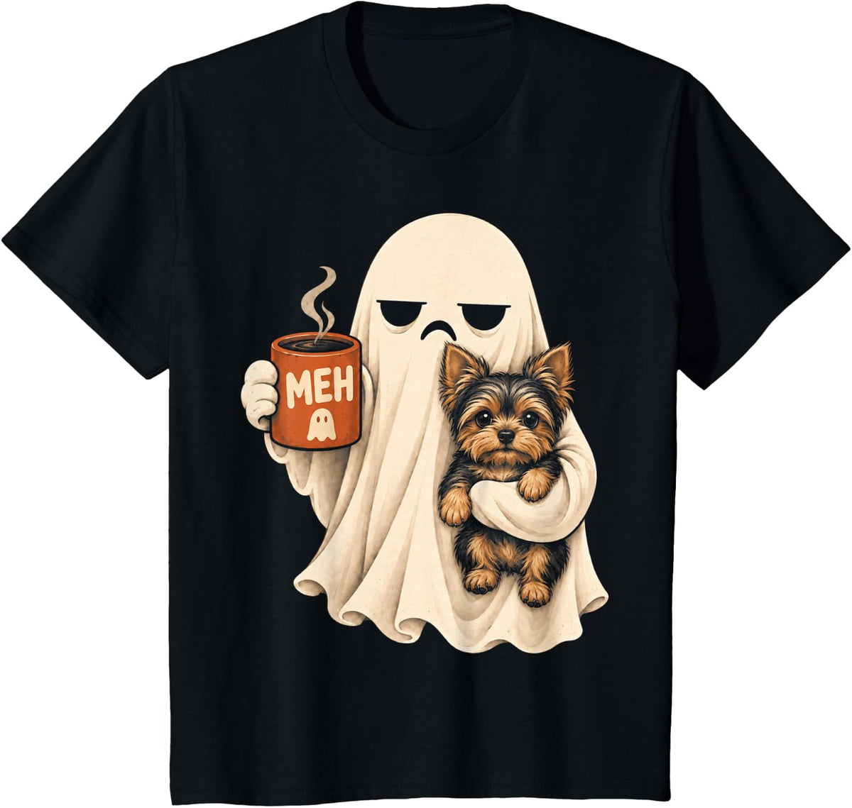 Yorkshire Terrier Dog Spooky Ghost Coffee Halloween Costume T-Shirt - Black