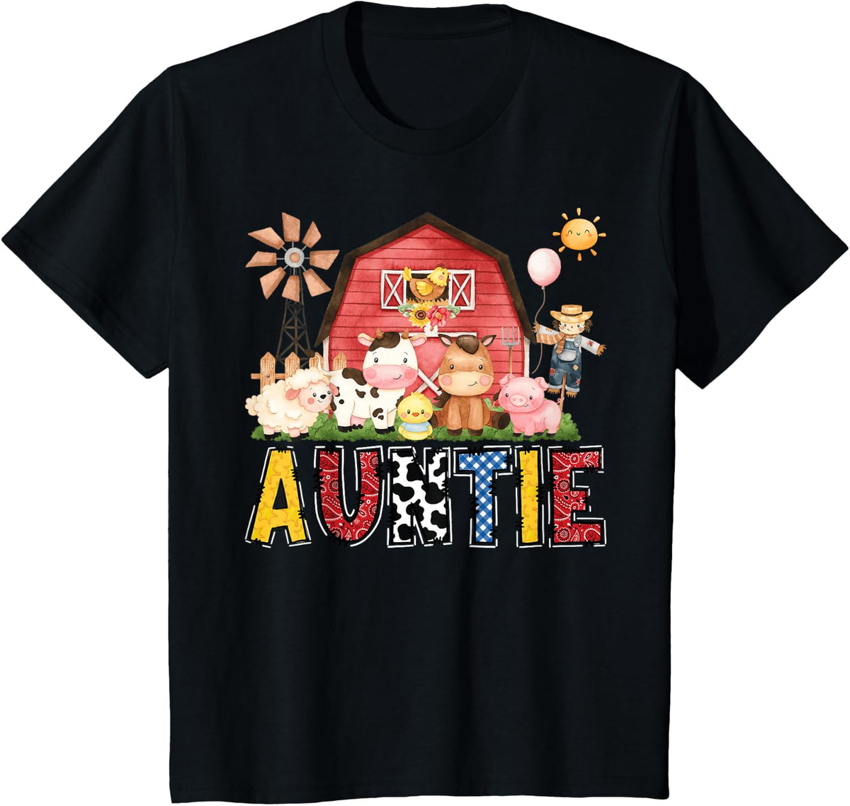 Auntie Farm Cow Birthday Boy Matching Family Party Tees T-Shirts - Black