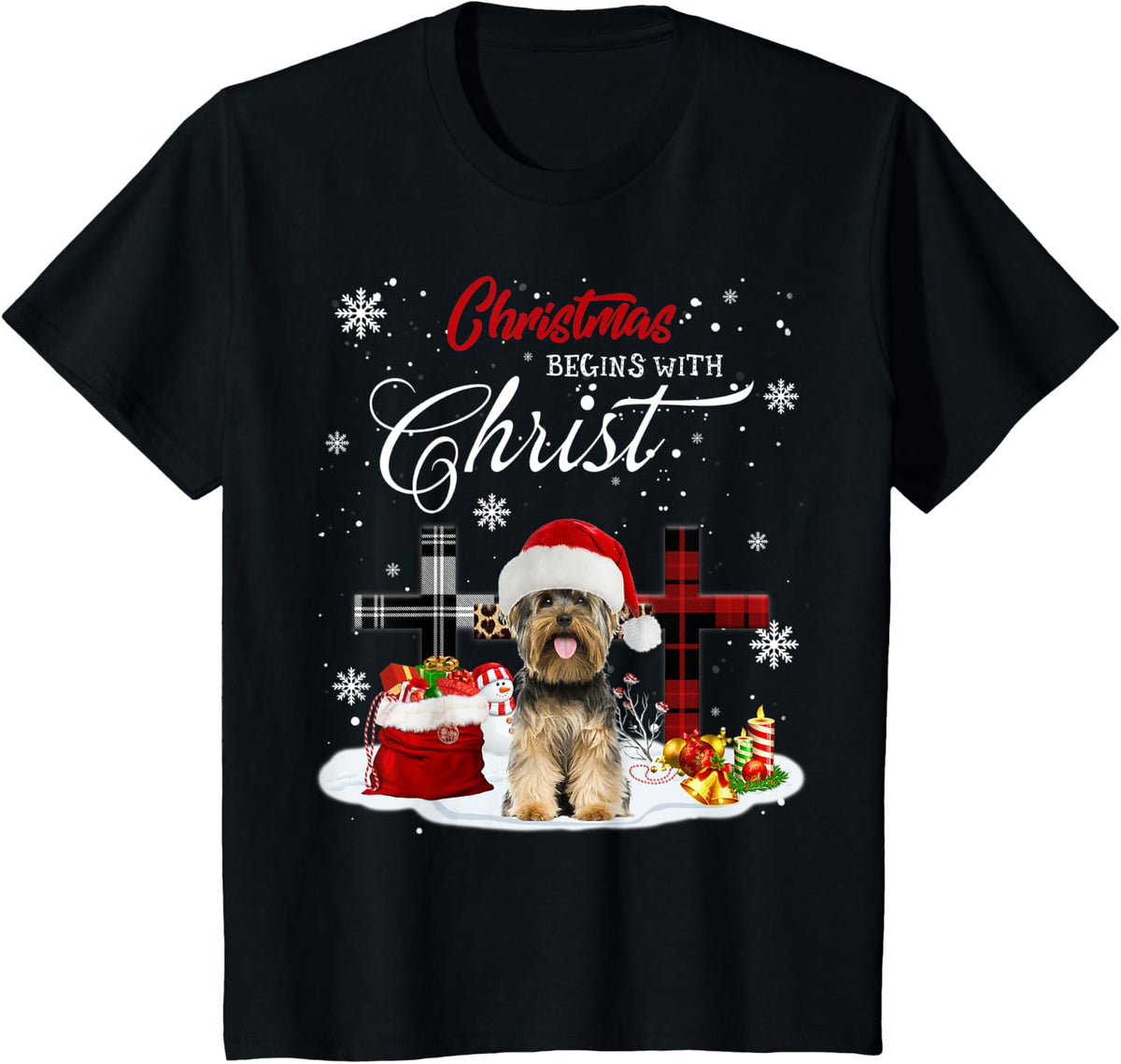 Christmas Begins With Christ Yorkie Christmas Cross T-Shirt - Black