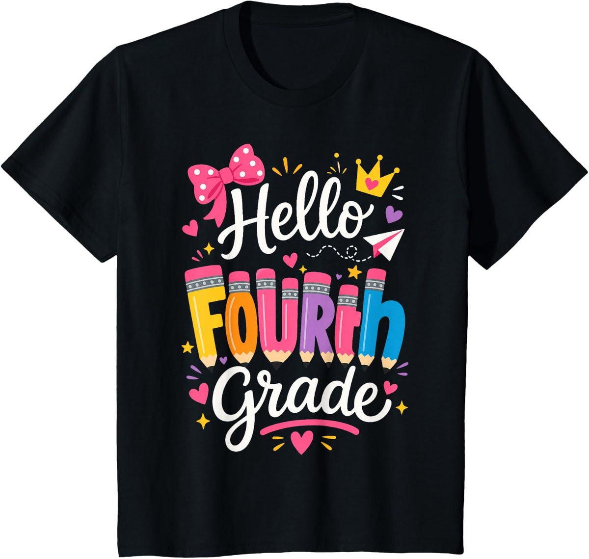 Hello Fourth Grade Coquette Bow Girls Back to School T-Shirt - Black