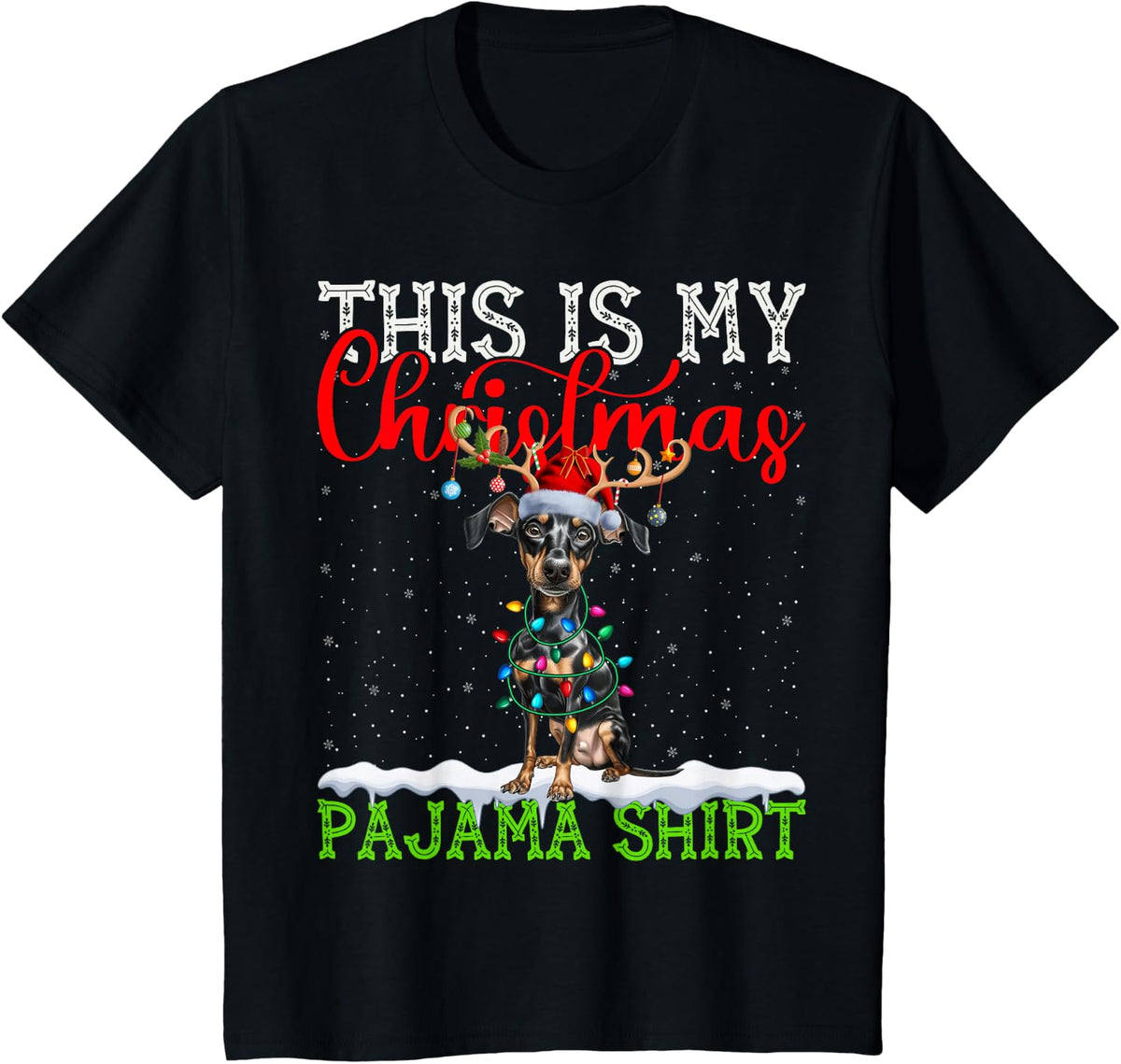 Doberman Pinscher Ugly Christmas Lights Pajama Sweater T-Shirt - Black