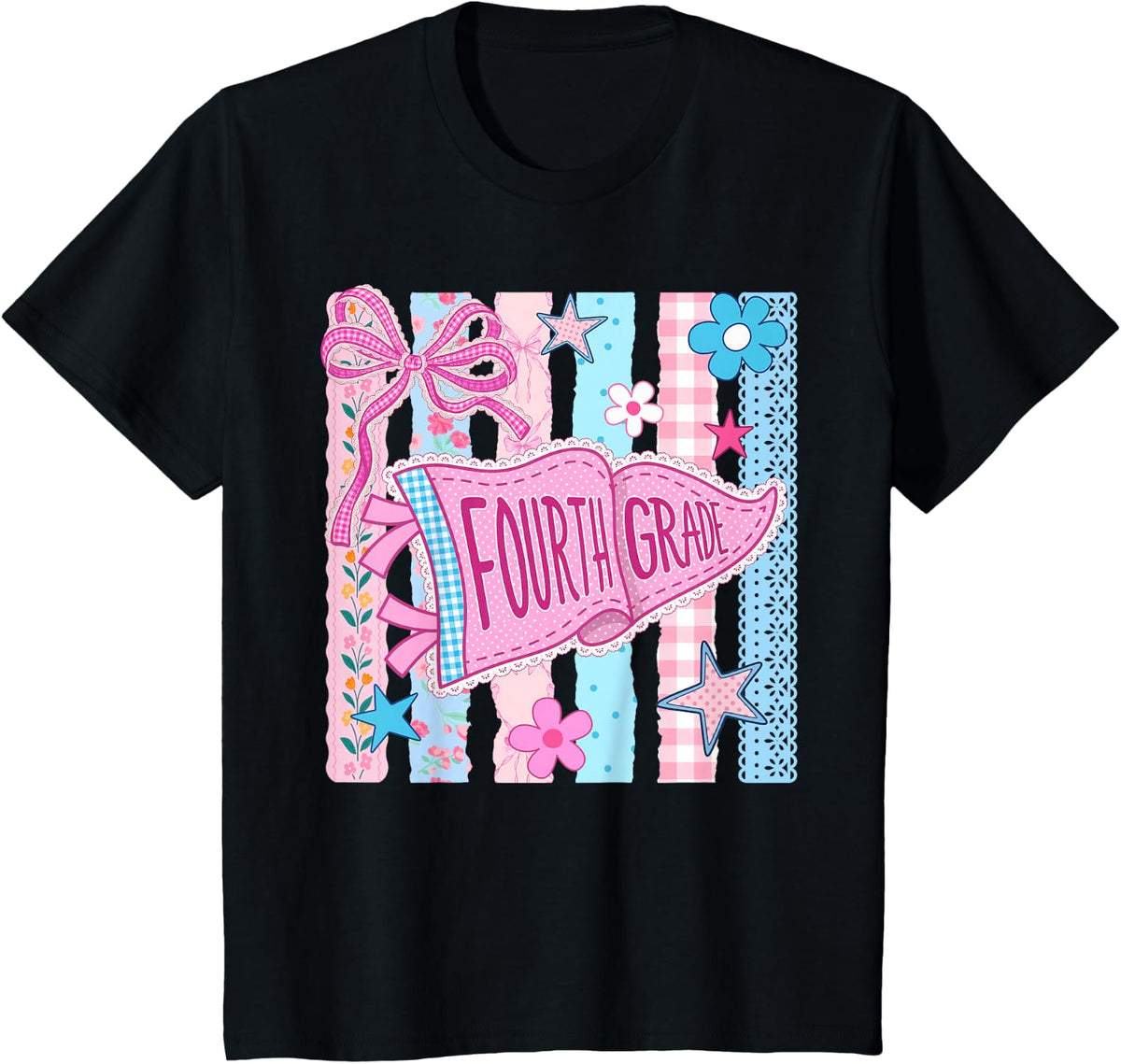 Striped Floral Pennant Flag Back to School Fourth 4th Grade T-Shirt - Black