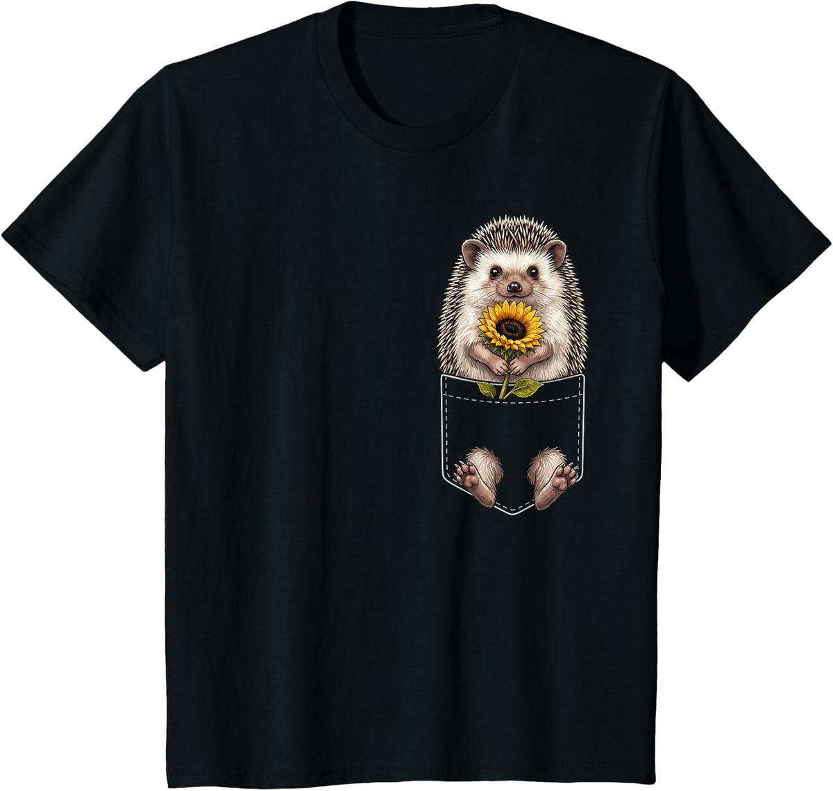 Hedgehog Pocket Holding Sunflower Animal Lover T-Shirt - Black