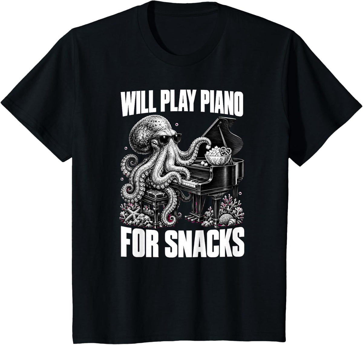 Will Play Piano for Snacks Funny Pianist Octopus T-Shirt - Black