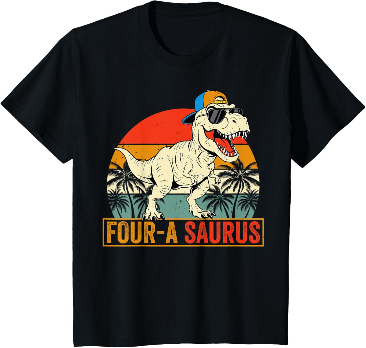 Kids Four-A-Saurus Funny Dino Dinosaur Lover 4th Birthday T-Shirt - Black