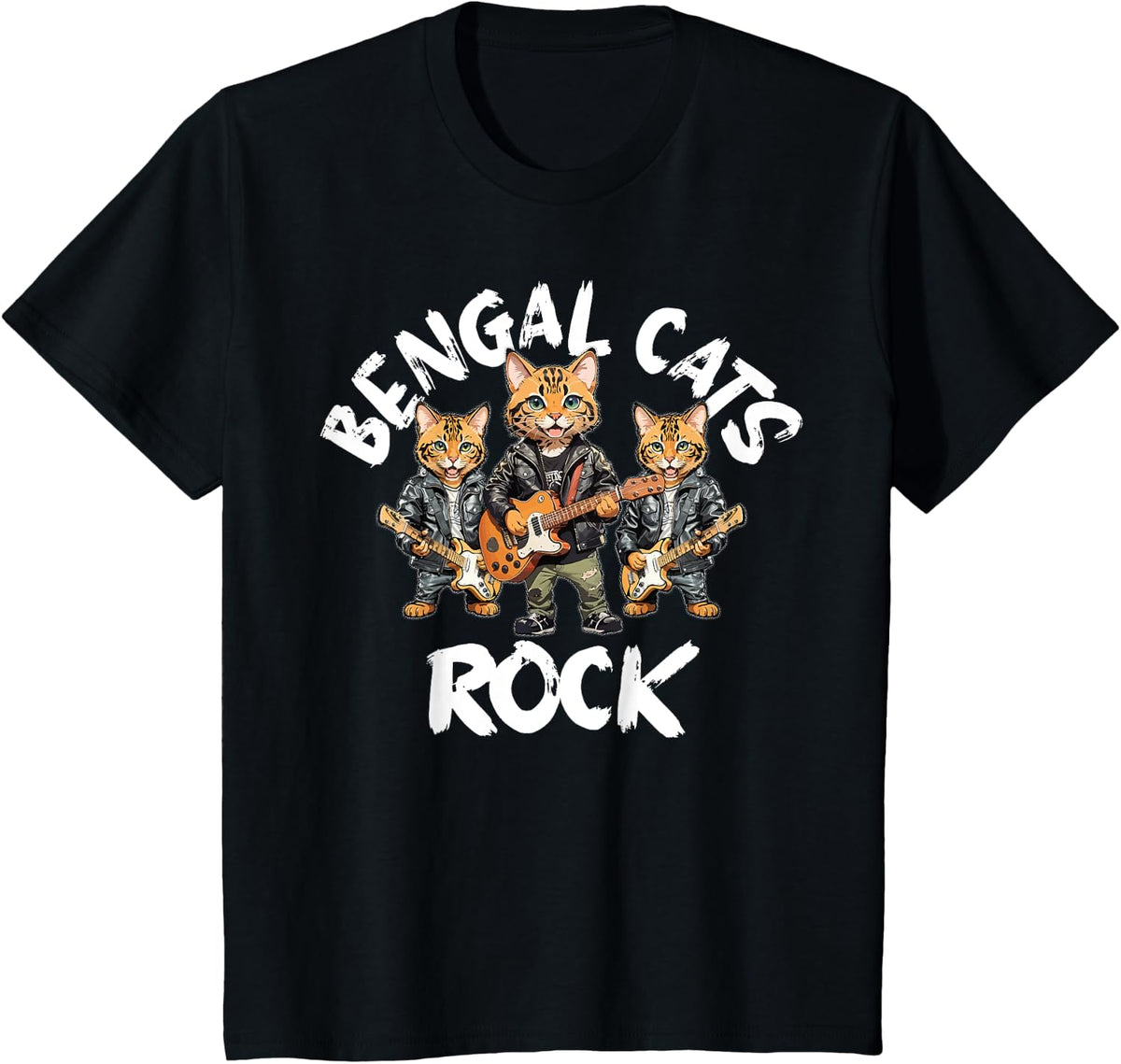 Bengal Cats Rock Cute Cool Furry Cat Trio Playing Guitar Men Women Girls Kids T-Shirt - Black