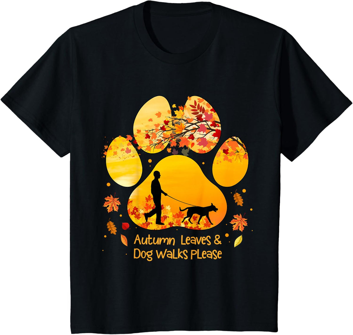 Autumn Leaves Dog Walks Please Dog Paw Print Fall Dog Lover T-Shirt - Black