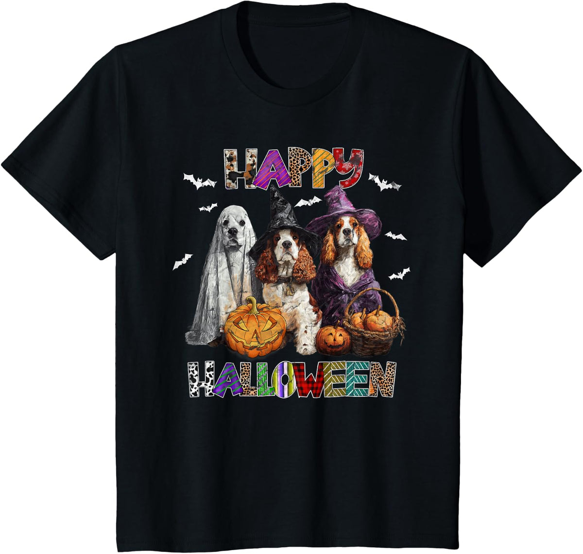 Scary Pembroke Cocker Spaniel Dog Witch Hat Halloween T-Shirt - Black