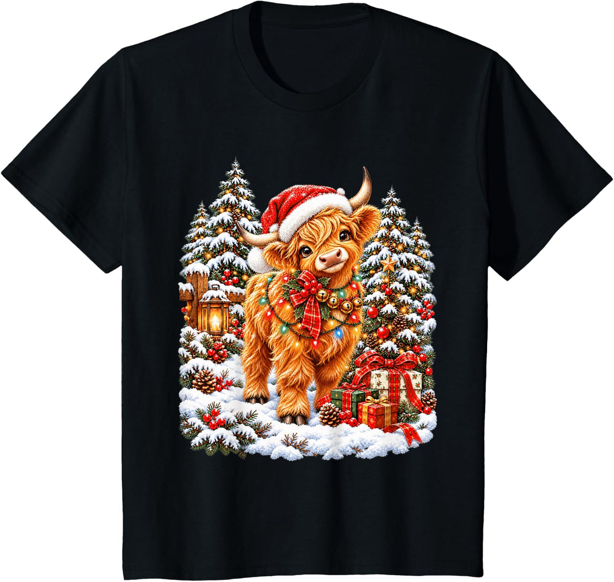 Playful Highland Cow Holiday Santa Snow Scene T-Shirt - Black