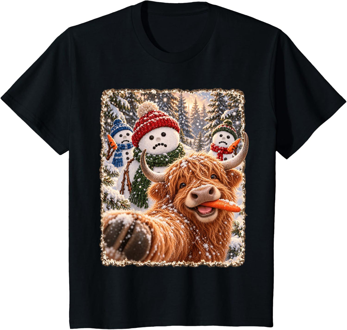 Funny Highland Cow Playful Christmas Snowman Selfie T-Shirt - Black