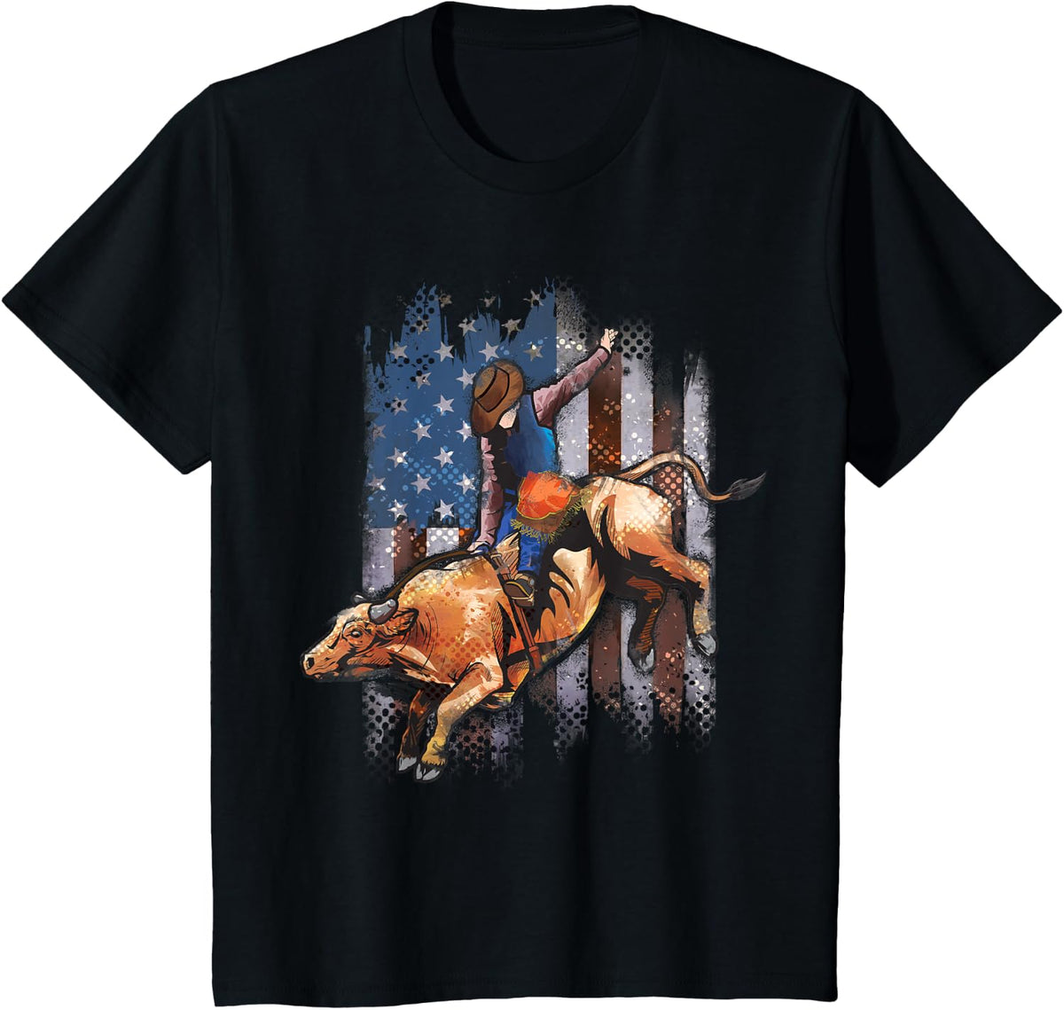 Rodeo Bull Riding American Flag Shirt Cowboy Bull Rider T-Shirt - Black