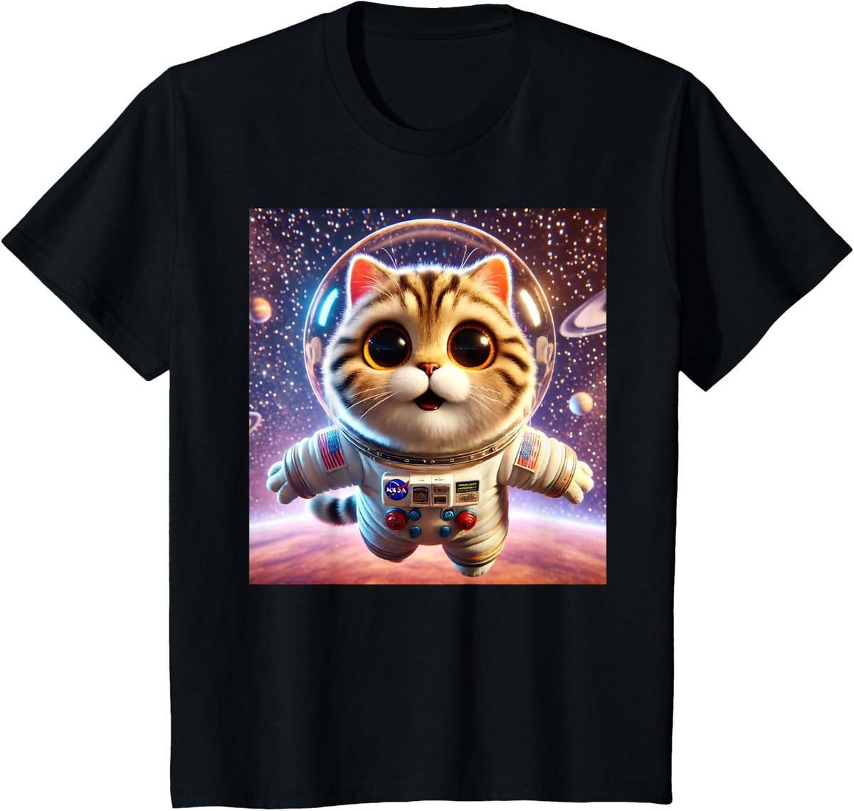 Space Cat Astronaut T-Shirt for Kids Men Women, Funny Cat Tee with Planets Gift - Black