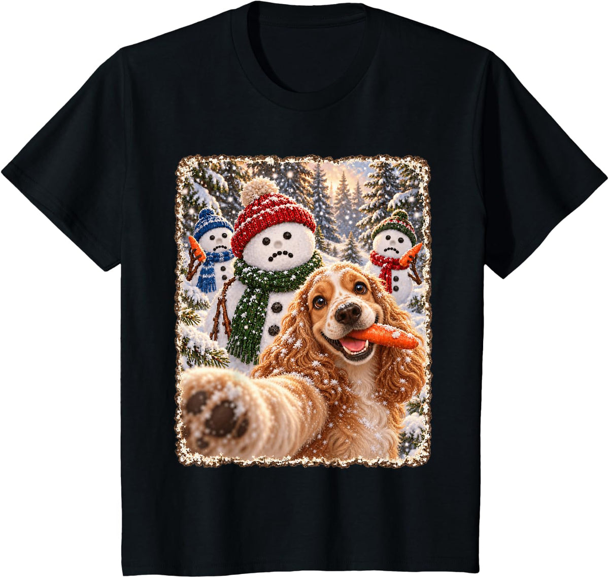 Funny Cocker Spaniel Playful Christmas Snowman Selfie T-Shirt - Black