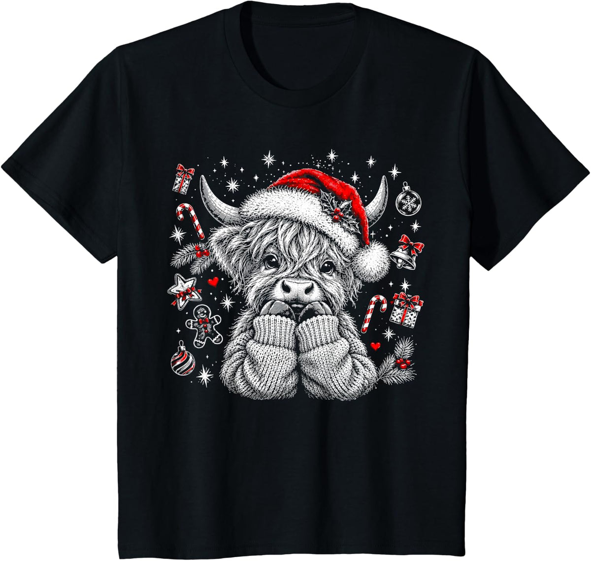 Highland Cow Santa Hat Preppy Retro Christmas Cow Lover T-Shirt - Black