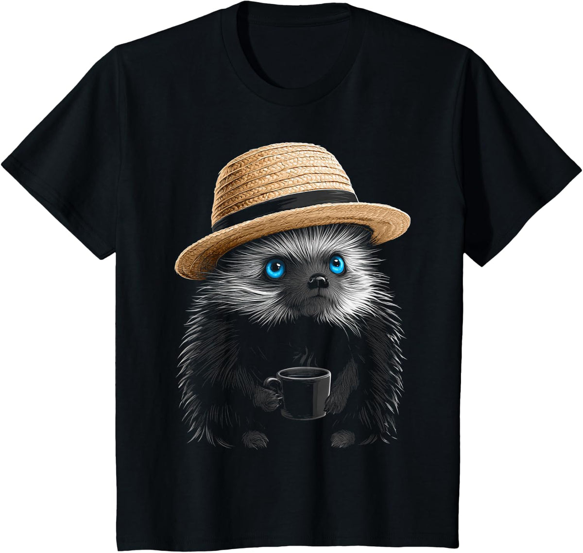 Coffee Hedgehog Blue Eyes T-Shirt - Black