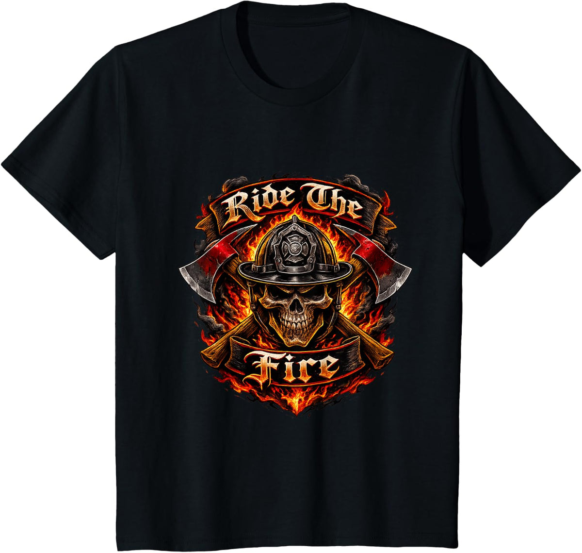 Biker Skull Ride The Fire Tee - Firefighter T-Shirt - Black