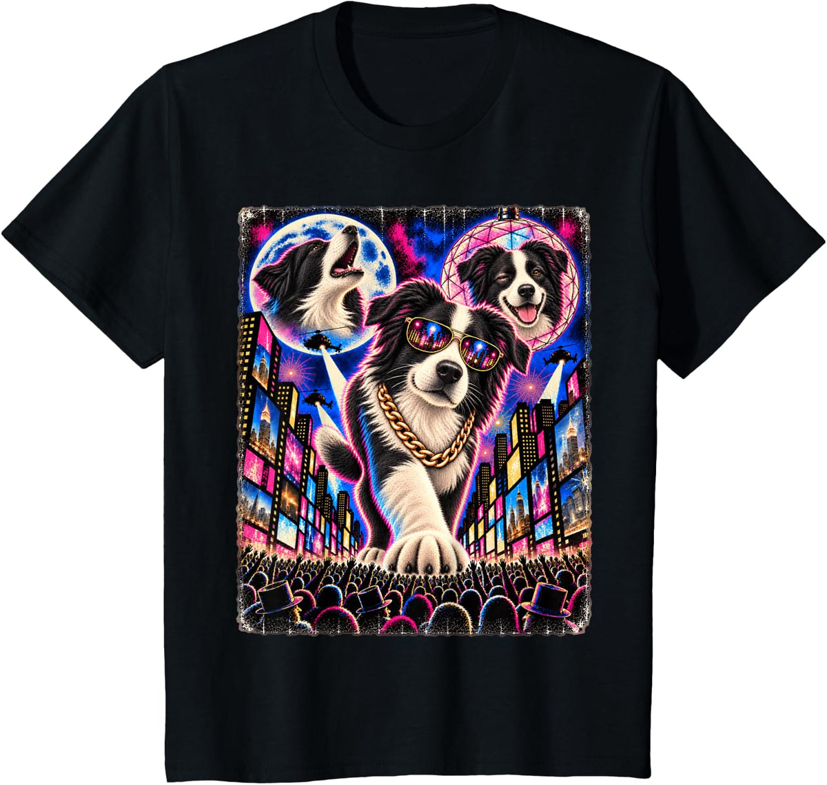 Border Collie Times Square Hip Hop Rap Party Cool Sunglasses T-Shirt - Black