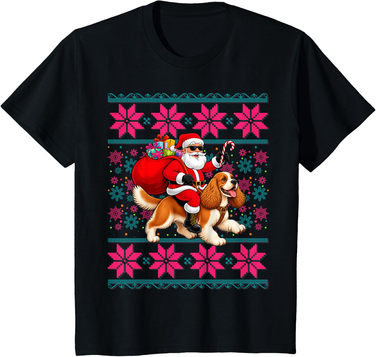 Ugly Christmas Women Girls Santa Riding Cocker Spaniel Dog T-Shirt - Black