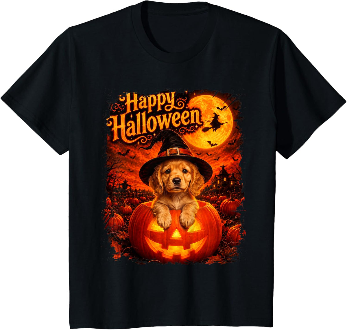 Cute Cocker Spaniel Dog Happy Halloween Night T-Shirt - Black