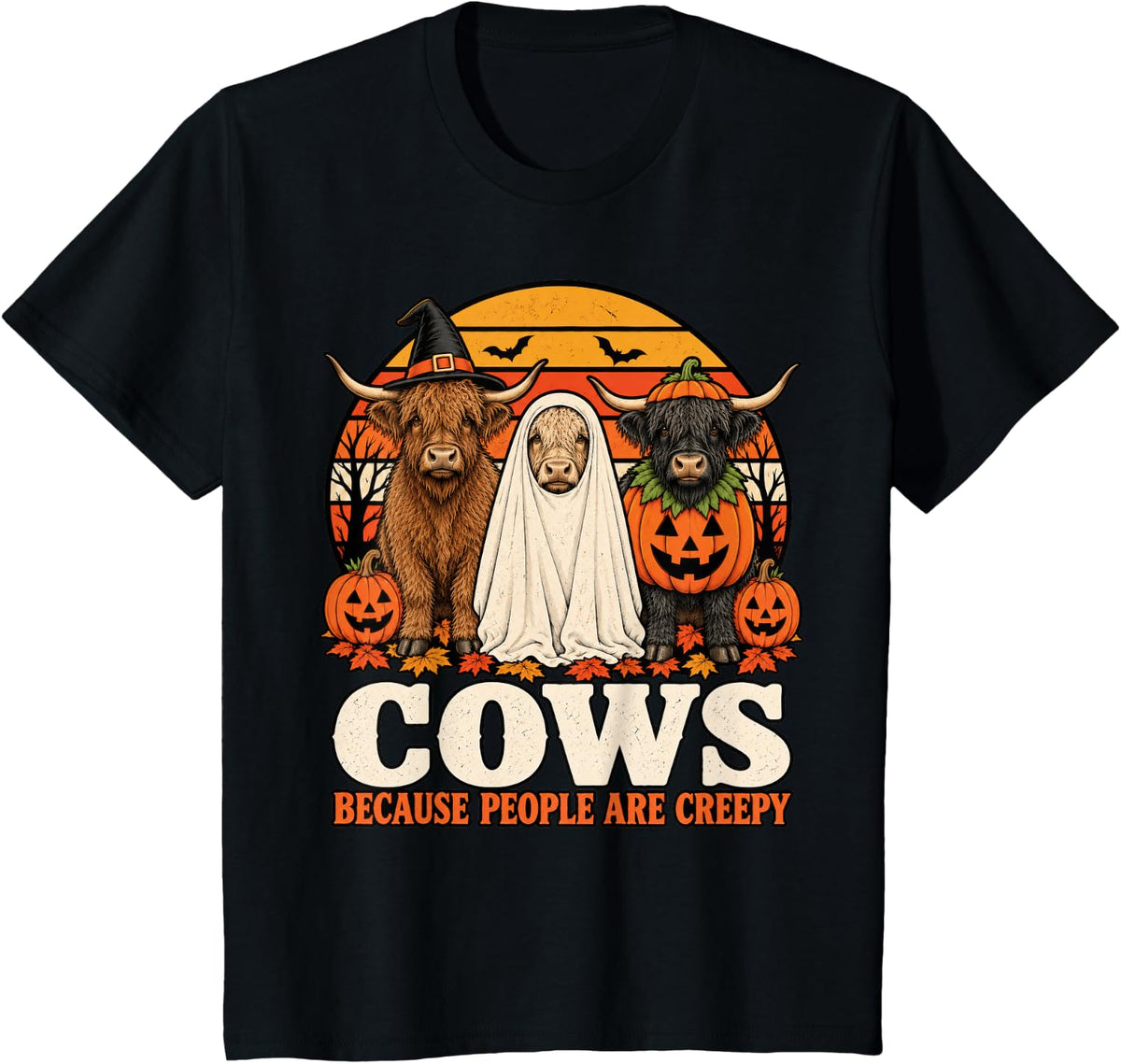 Cows Because People are Creepy Halloween Highland Cow T-Shirt - Black