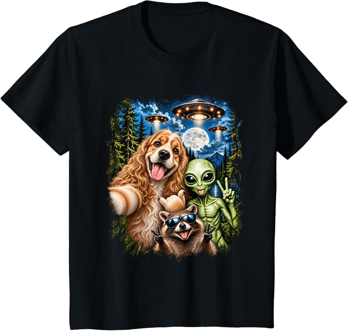 Cocker Spaniel Selfie Alien Raccoon UFO Funny Men Women Kids T-Shirt - Black