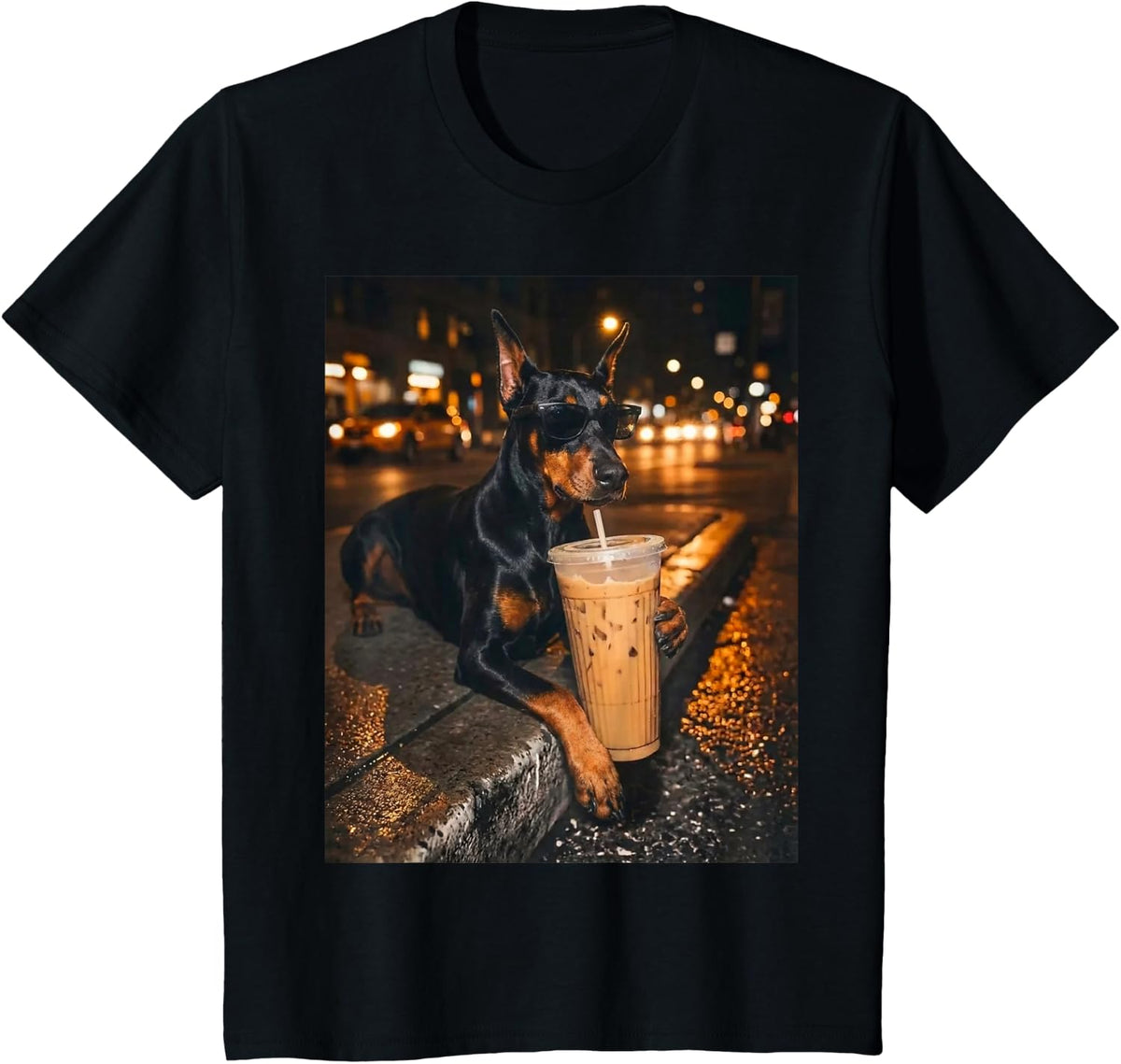 Doberman Drinking Iced Coffee Funny Dog Lover Animal Meme T-Shirt - Black
