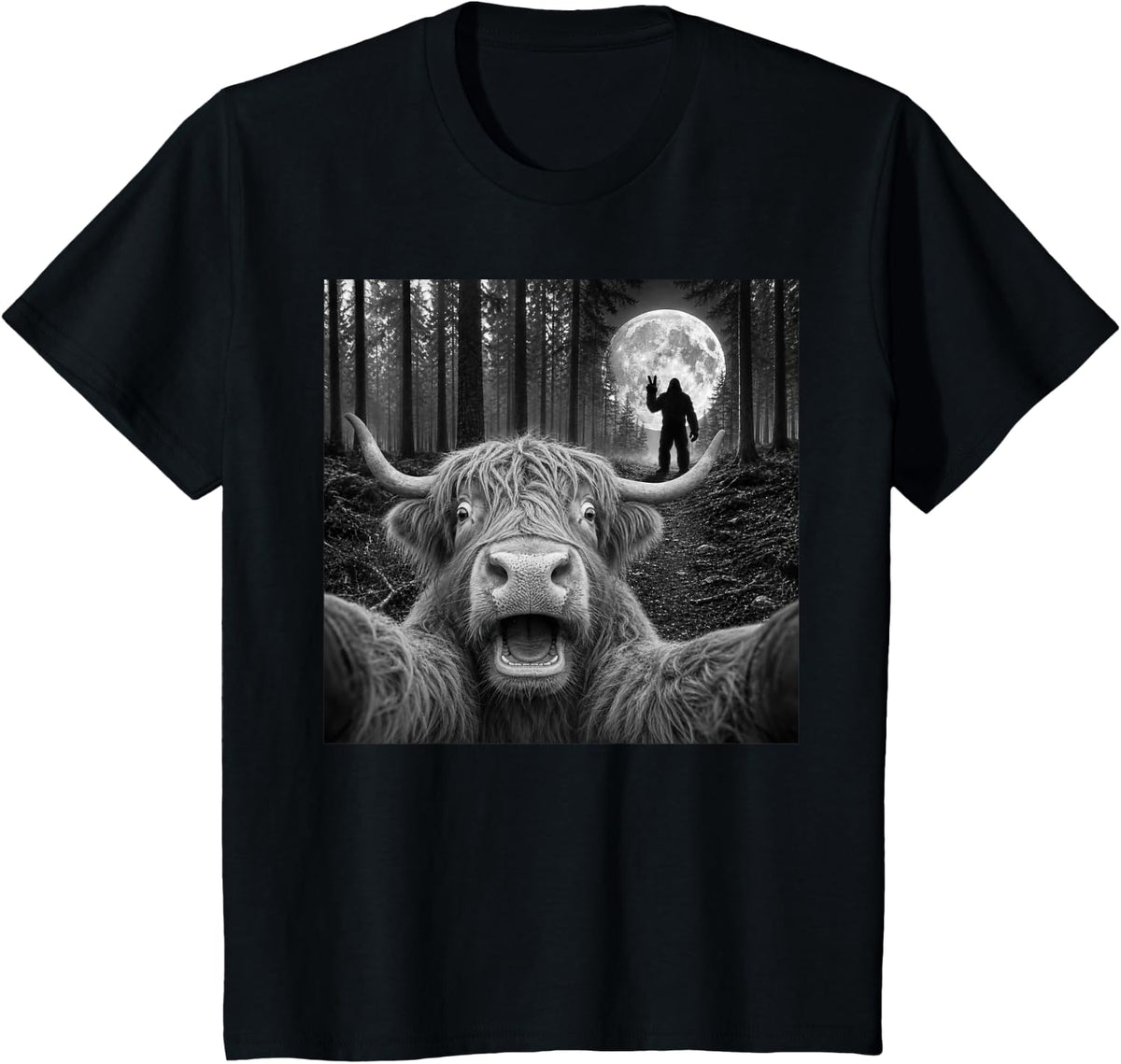Highland Cow Selfie with Bigfoot Peace Sign Sasquatch T-Shirt - Black