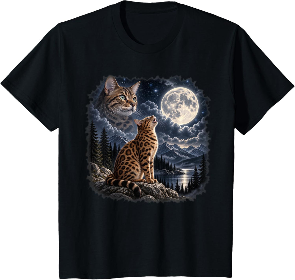 Bengal Cat Howling At The Moon Cat Lover T-Shirt - Black
