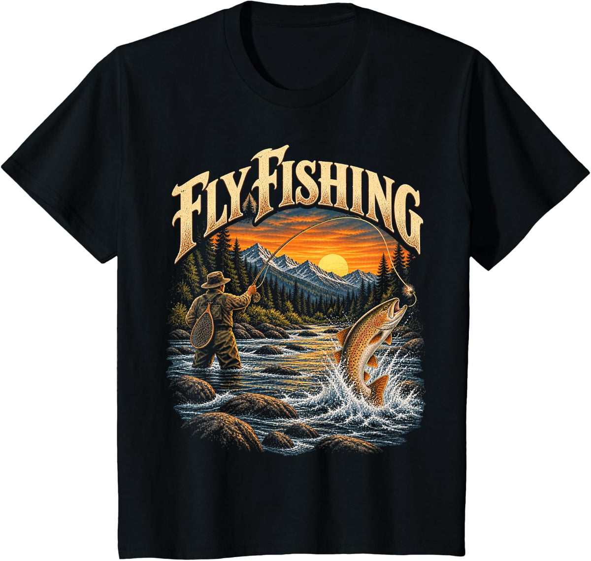 Vintage Fly Fishing Trout Fisherman Mountain River Art T-Shirt - Black