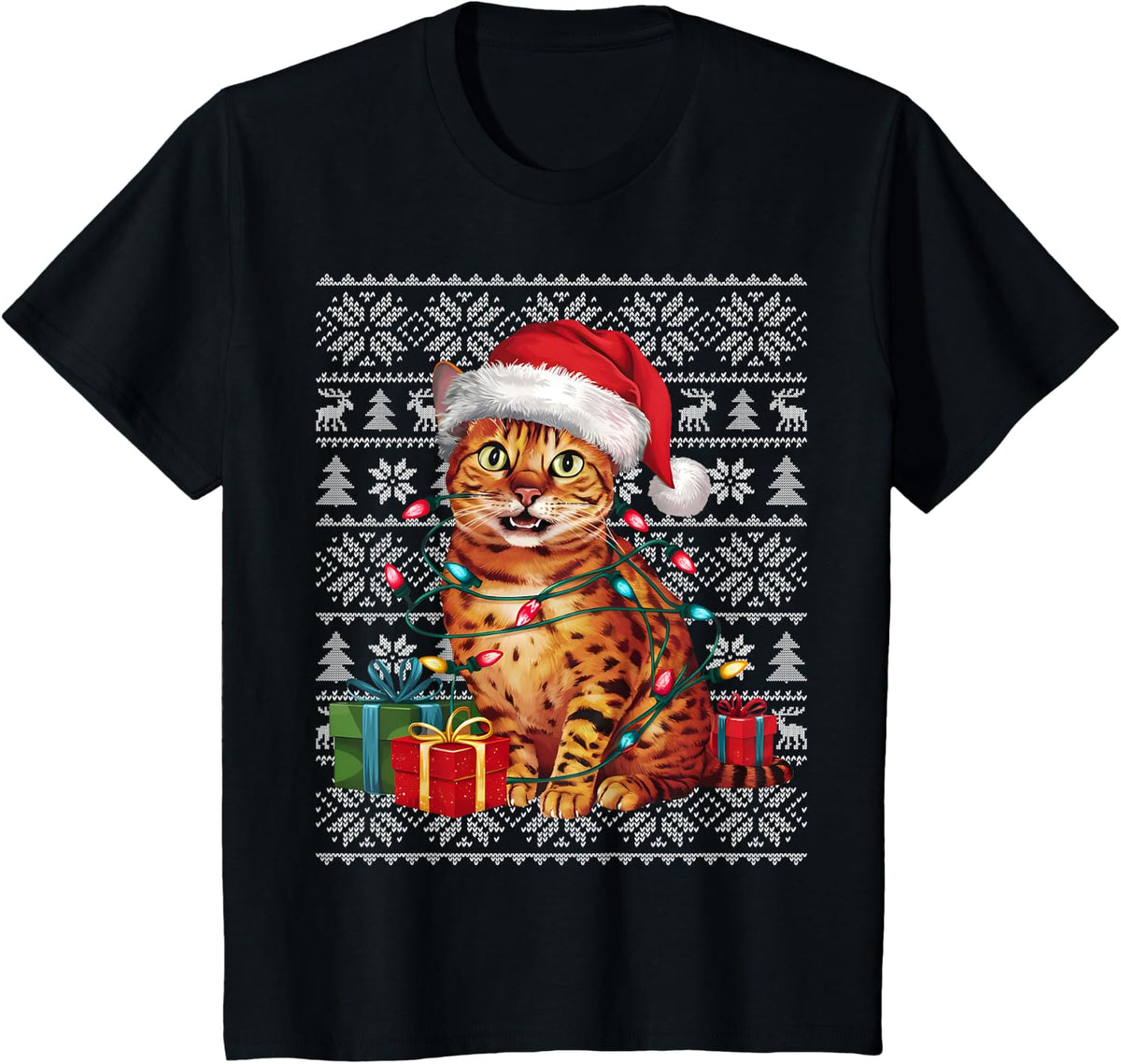 Xmas Sweater Style Ugly Santa Hat Bengal Cat Christmas T-Shirt for Men Women Kids - Black