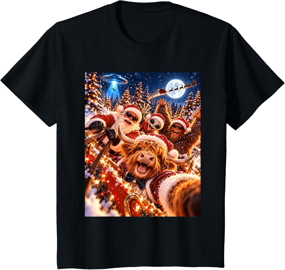 Joyful Highland Cow Santa Christmas Selfie UFO Graphic T-Shirt - Black