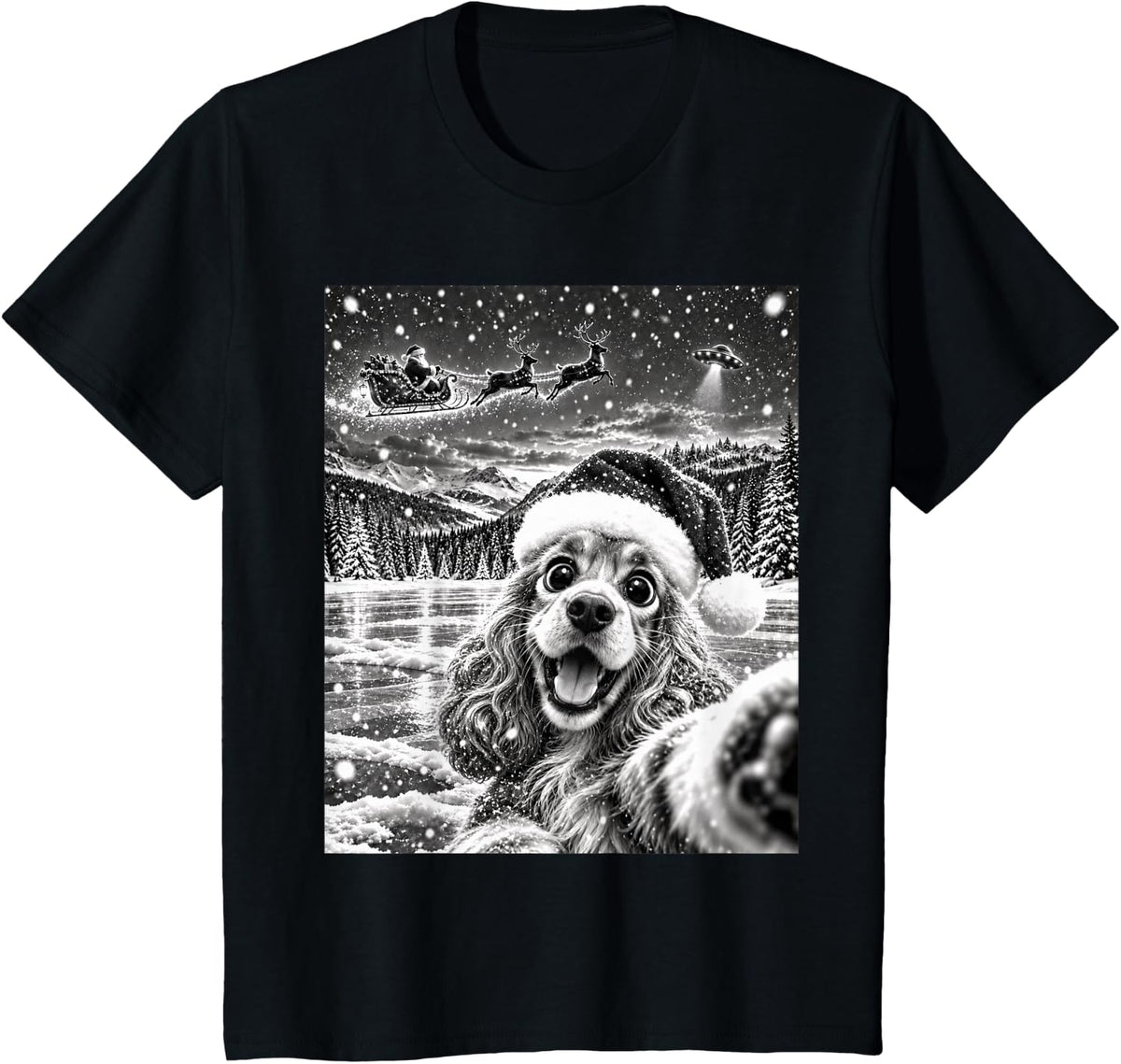Cocker Spaniel Selfie with Santa Funny Christmas Kids T-Shirt - Black