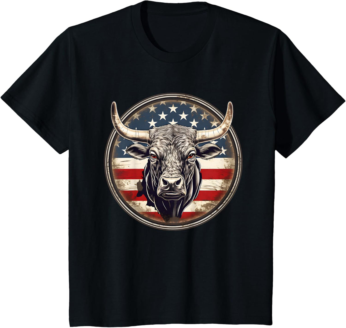 Vintage Bull Patriotic American Flag Rodeo Cowboy Tee T-Shirt For Men Women - Black