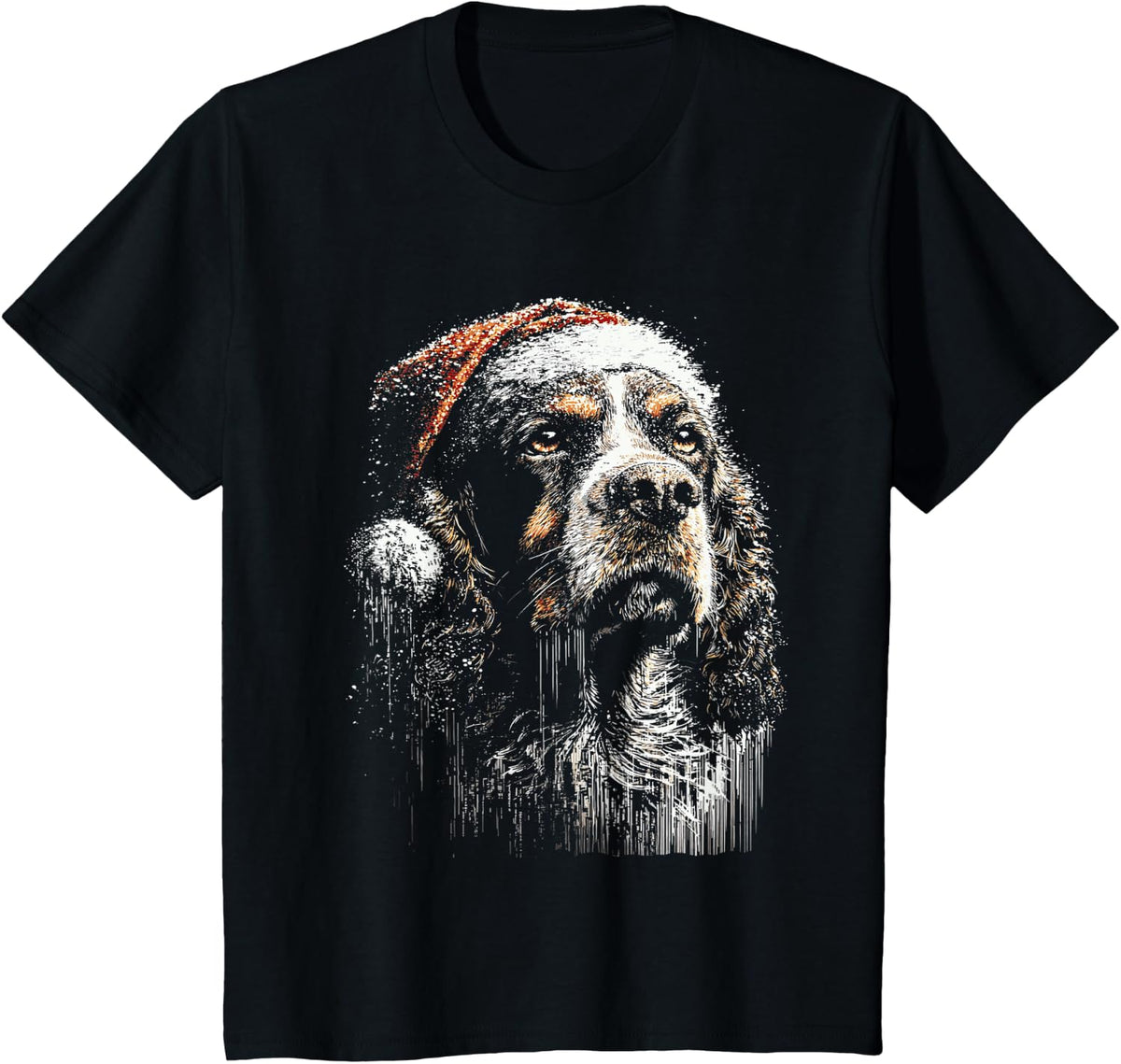 Snowy Christmas Cocker Spaniel with Santa Hat Winter Dog T-Shirt - Black