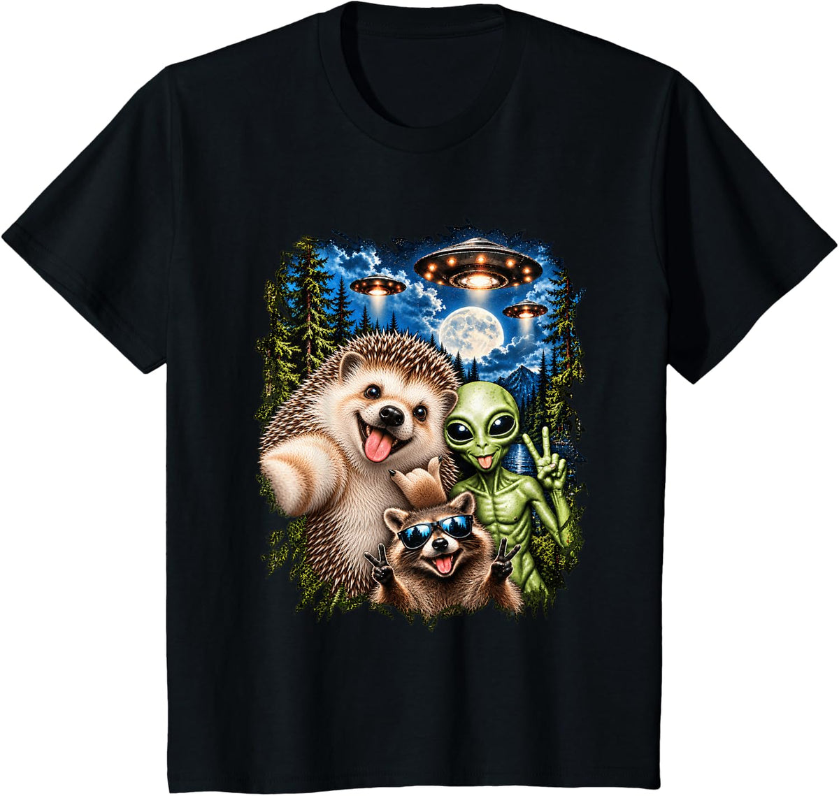 Hedgehog Selfie Alien Raccoon UFO Funny Men Women Kids T-Shirt - Black