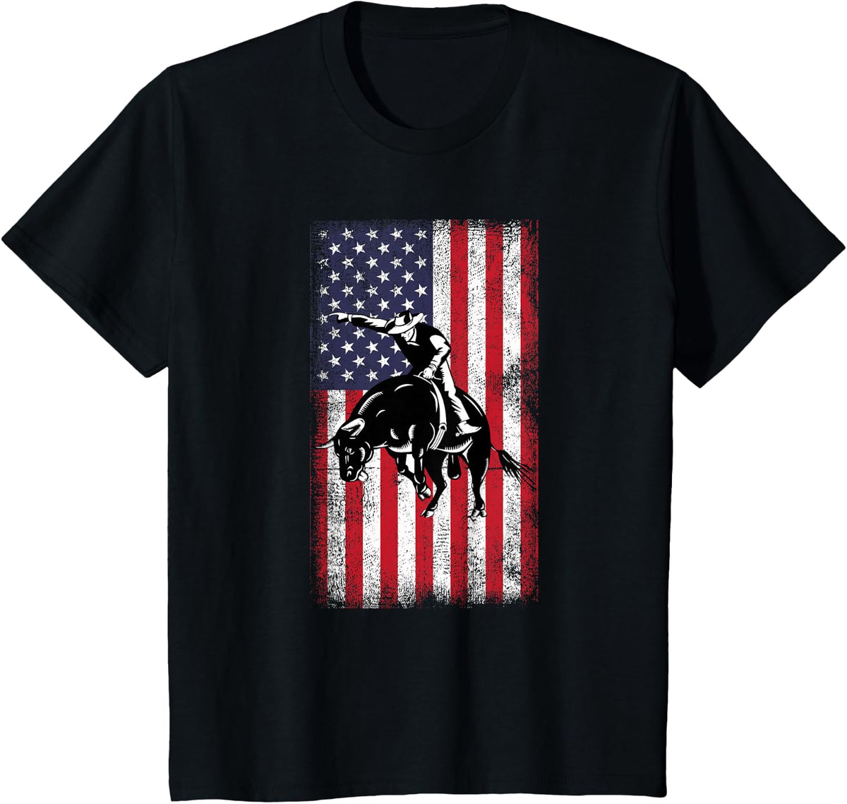 Rodeo Bull Rider Cowboys Patriotic American Flag Vintage T-Shirt - Black