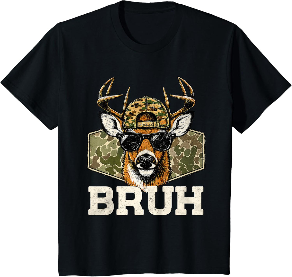 Bruh Deer Funny Deer Hunting Camo Hat Boys Teens Kids T-Shirt - Black
