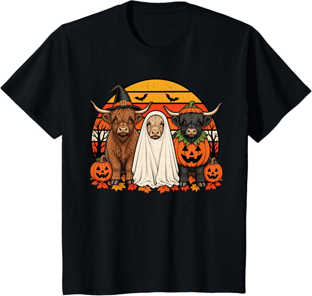 Spooky Scottish Highland Cow Pumpkin Ghost Halloween T-Shirt - Black