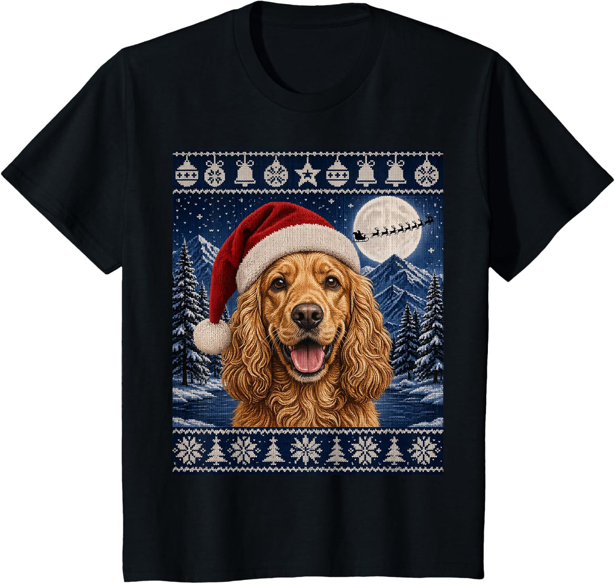 Cocker Spaniel Dog Santa Ugly Christmas T-Shirt - Black