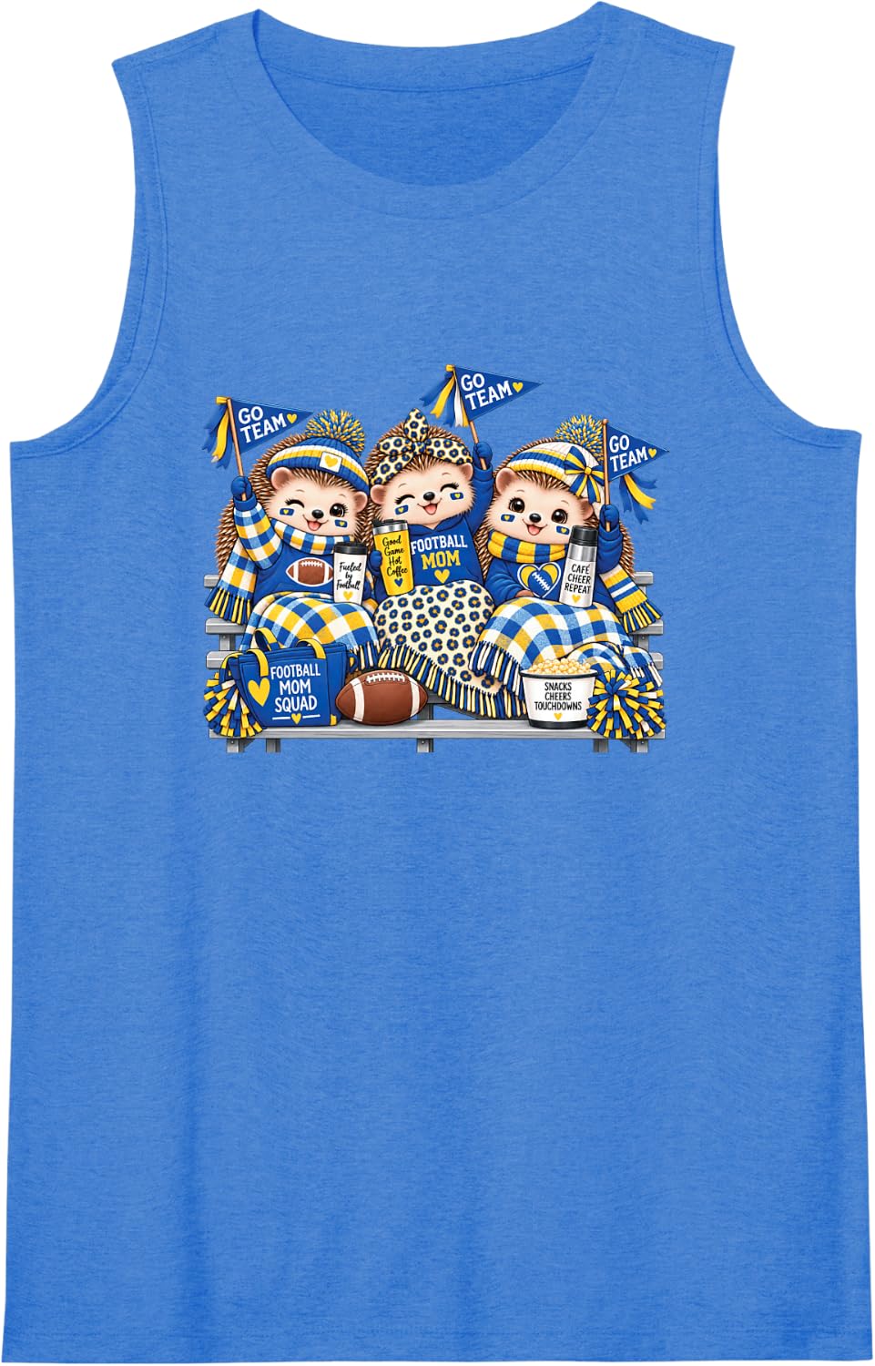 Women's Football Mom Squad Cute Hedgehog Game Day Cheer Blue Yellow Sleeveless Tank Top - Royal Blue