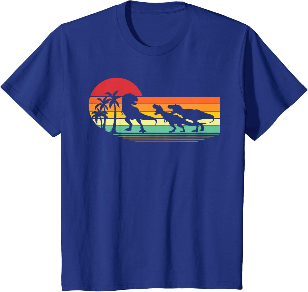 T-Rex Dinosaur March Retro Sunset T-Shirt - Royal Blue