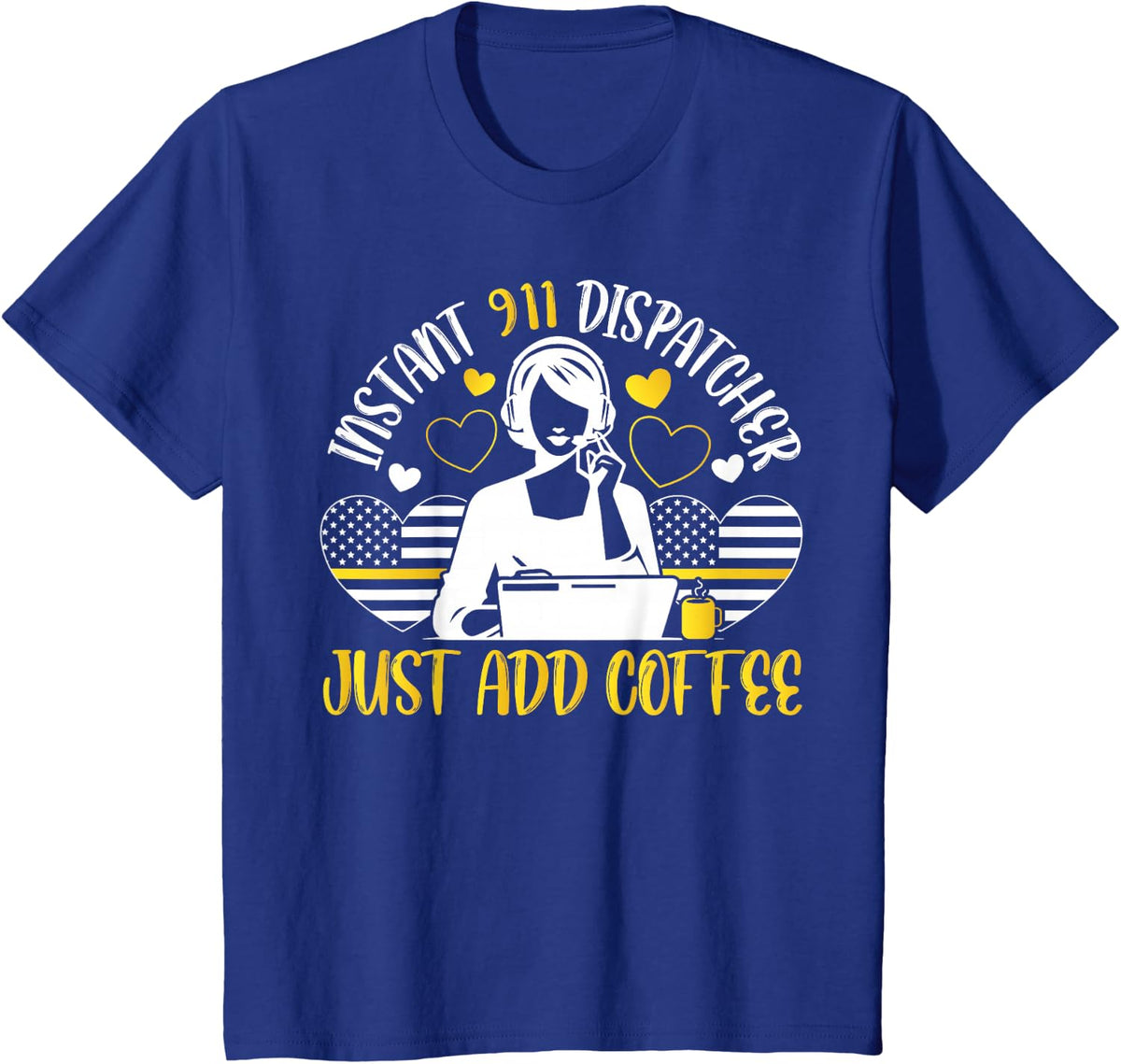 911 Dispatcher Thin Gold Yellow Line Coffee American Flag T-Shirt - Royal Blue